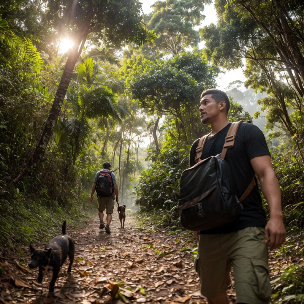 Cena de apocalipse zumbi, Camera looking up from the bottom, um homem adulto com mochila nas costas, sobrevivencialista, accompanied by a small dog walks towards a tropical forest, final de tarde. There are mushrooms on the ground releasing spores into the air