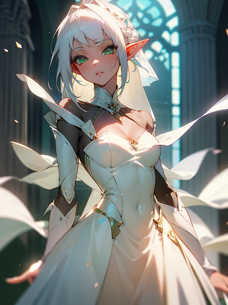 Hot girl elf, white hair, green eyes, wedding drees
