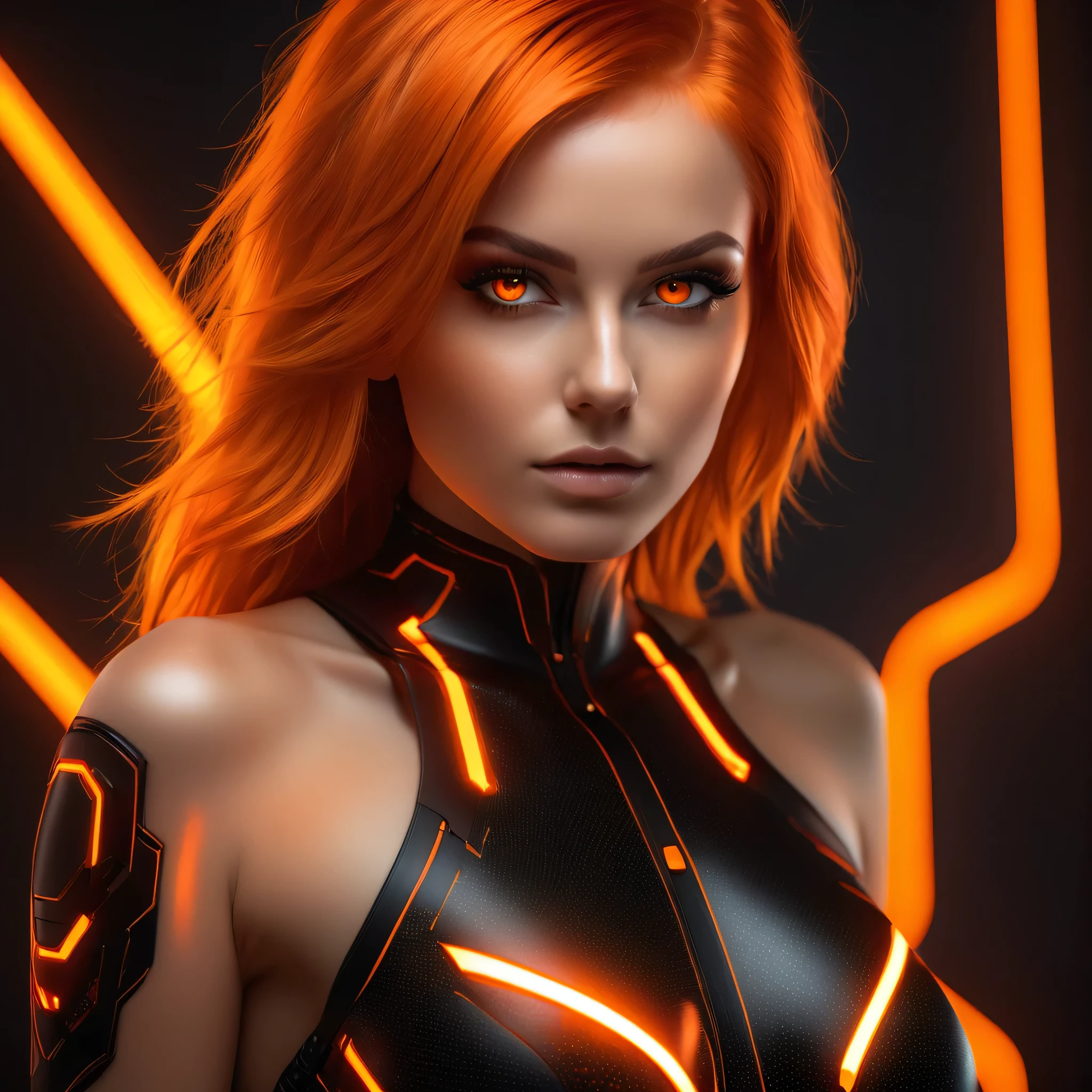 (ultra high res,photorealistic,realistic,best quality,photo-realistic), (8k, raw photo, best quality, masterpiece), ((nsfw)), (photon mapping, radiosity, physically-based rendering,automatic white balance), technological sense, best quality, masterpiece, illustration,CG ,unity ,wallpaper, official art, Amazing, finely detail.
An extremely delicate and beautiful,extremely detailed, highly detailed, sharp focus,rich background,blurry background, low key lighting, shadows, dark, orange neon glow. orange backlight behind hair.
(real person,photograph), (((high detailed skin,visible pores))), ((small breasts)), bare shoulders, bare stomach, cleavage, bright orange eyes.
A fierce character with neon orange hair and glowing red eyes. Red circuit board pattern. She wears a black bodysuit with glowing orange accents.
