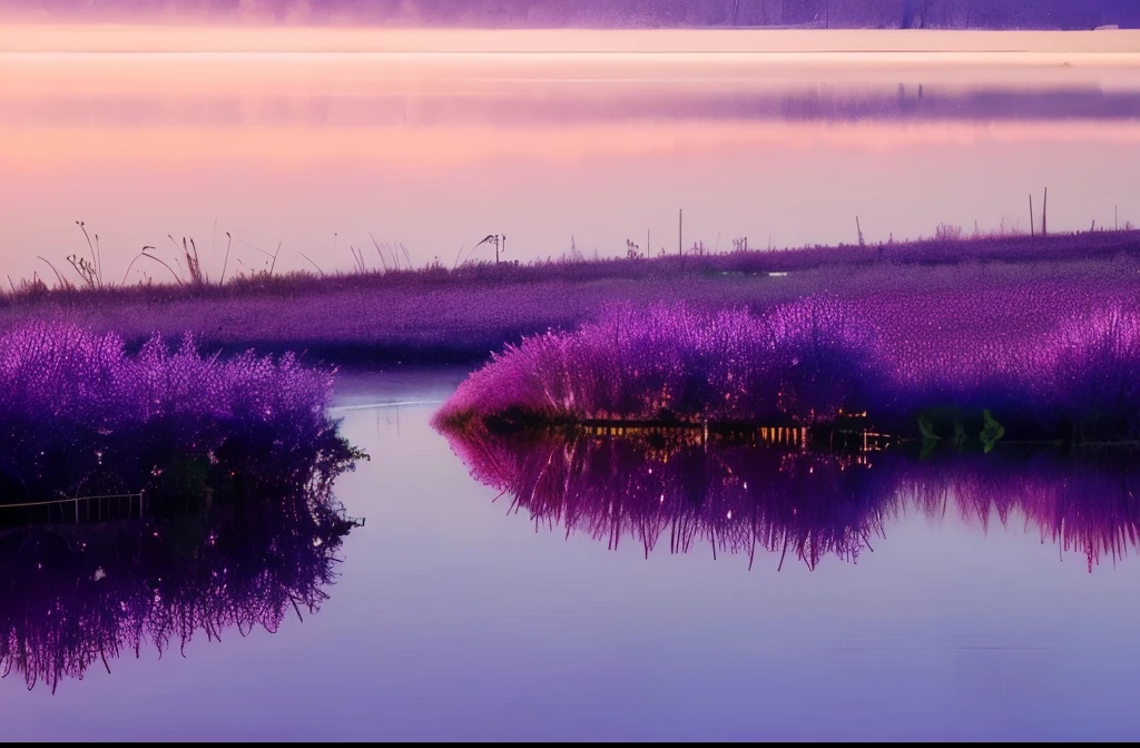 purple sky reflected in the water, a photo by Lars Jonson Haukaness, flickr, romanticism, light purple mist, purple mist, soft purple glow, purple fog, extremely beautiful and ethereal, peaceful and serene, soft reflections, mystical lake, purple water, the morning river, tranquility, soft lilac skies, ethereal beauty, fog on the water