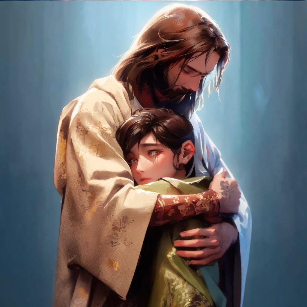 Jesus is holding a  and hugging him with a sad face, Jesus hugging a woman, beautiful illustration, Jesus christ, Emotionales Bild, beautiful masterpiece, ! in der Hand haltend !, absolut herausragendes Bild, emotionale Konzeptkunst, very beautiful masterpiece, Jesus, most beautiful picture of all time, by László Balogh, Christliche Kunst, Vater, mit Kind