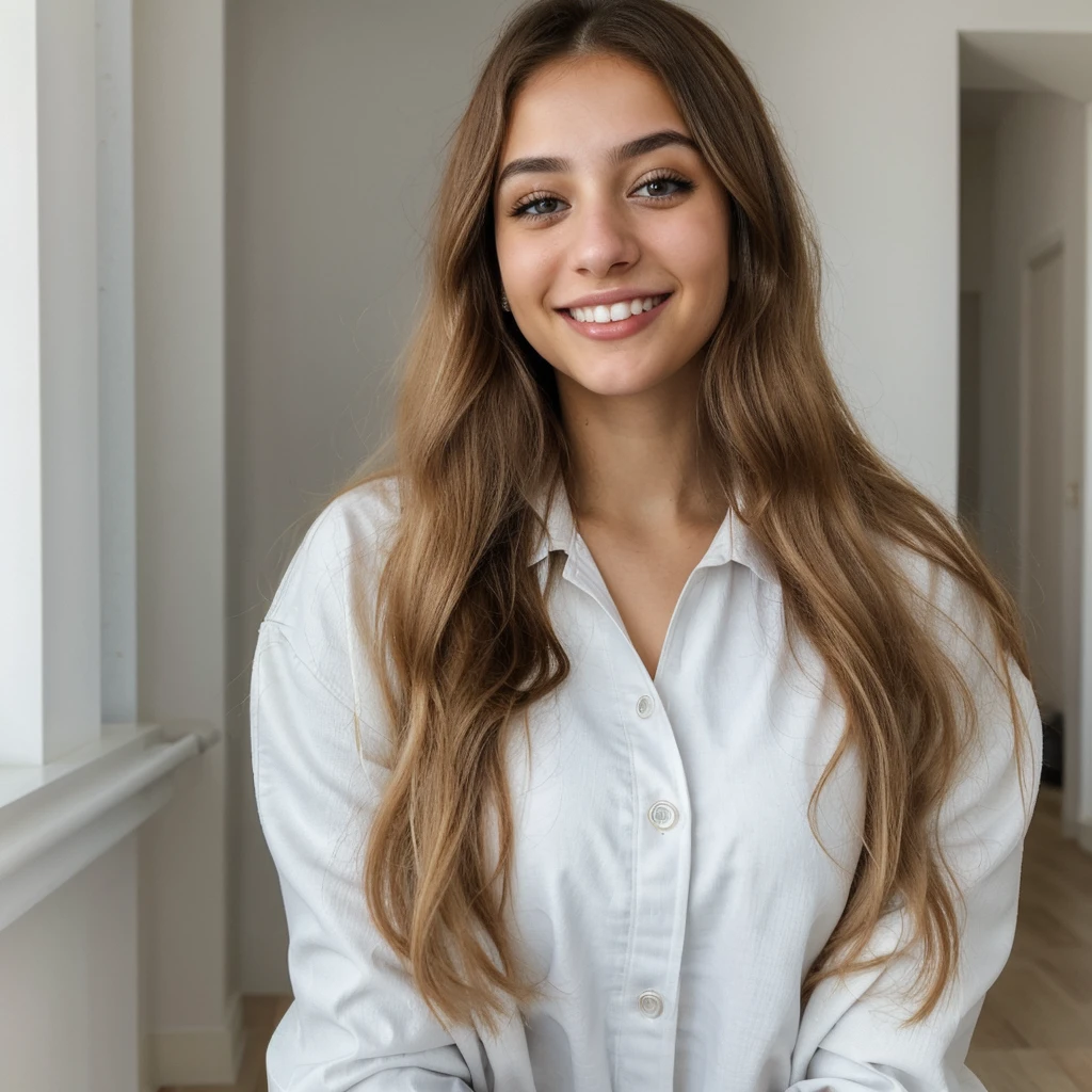 one cute women, 22YO, white, Arab, cute face, realistic brown eyes, blue jacket, blonde/brown hair, cute smile, skinny face, white realistic teethes, big eyes, long hair