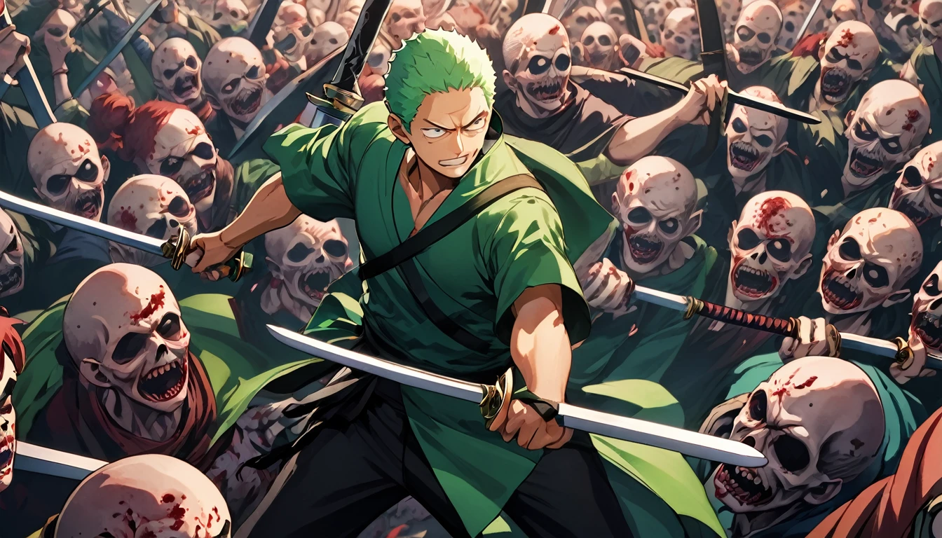 Close-up of a person holding a sword in front of a horde of zombies, roronoa zoro, Amazing Anime 8K, 4K Manga Wallpapers, Best Anime 4K Konachan Wallpaper, Spectacular artwork of anime, Handsome men from Demon Slayer, Demon Slayer Art Style, anime art wallpaper 4k, anime art wallpaper 4k, anime wallpaper 4k