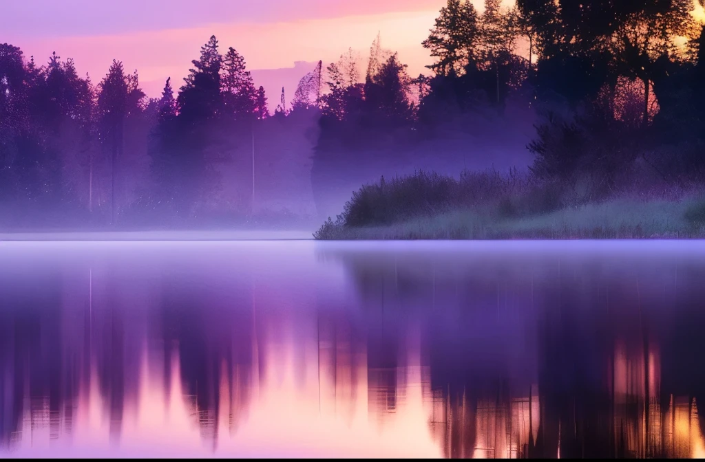 purple sky reflected in the water, light purple mist, purple mist, soft purple glow, purple fog, extremely beautiful and ethereal, peaceful and serene, soft reflections, mystical lake, purple water, tranquility, the morning river, soft lilac skies, ethereal beauty, beautiful and mysterious, fog on the water, purple glow, very ethereal, calm and serene, soft light misty