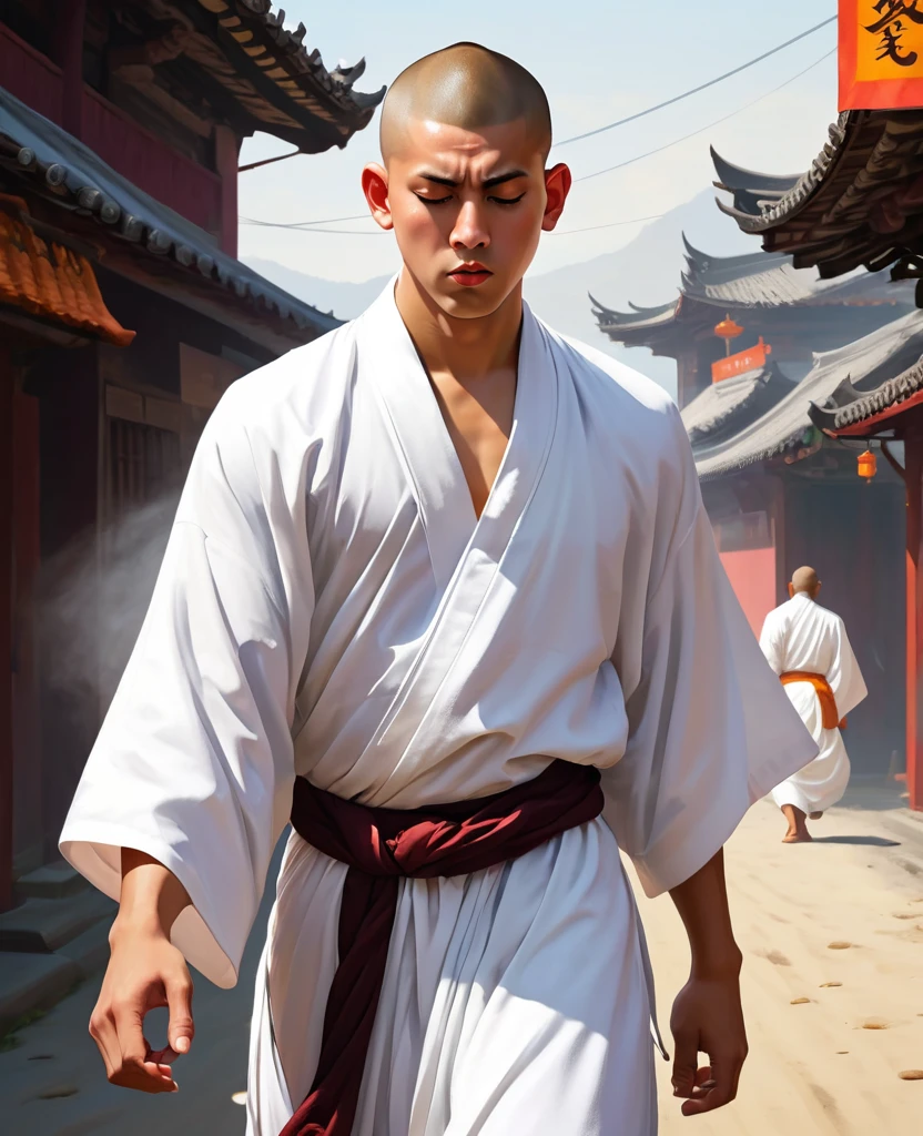 (GTA STYLE:1.5),Young monk in white robe,in the wind,cool guy