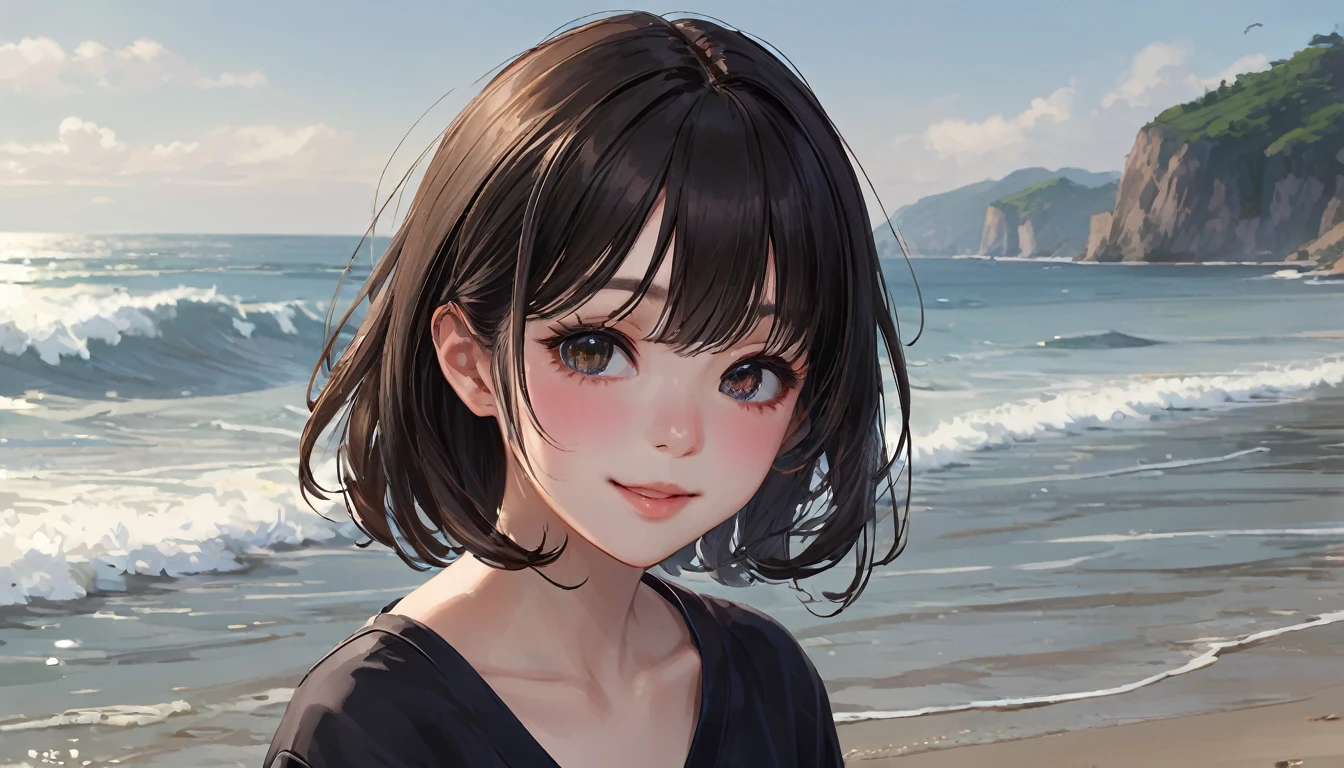 (RAW Photos:1.2), (Realistic:1.4),(masterpiece:1.3),(highest quality:1.4),超High resolution,High resolution,8k, (Highly detailed illustration), 1 girl, Beautiful face in every detail, Young girl, Long Curly Hair,smile,alone, View the viewer,Clear Background, At the Beach, Depth of written boundary, Natural light,(See-through silhouette),Ulzzang-6500-v1.1:0.7