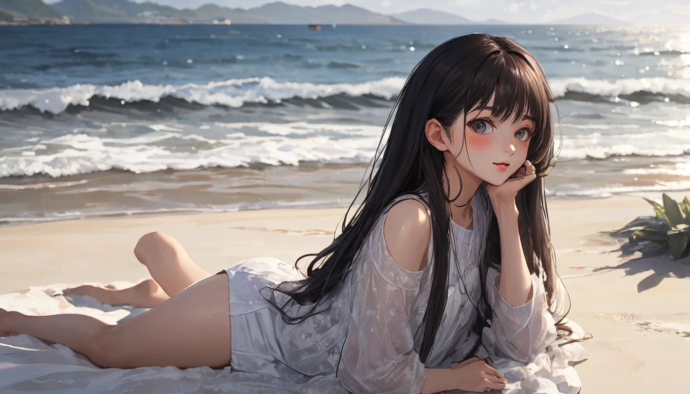 (RAW Photos:1.2), (Realistic:1.4),(masterpiece:1.3),(highest quality:1.4),超High resolution,High resolution,8k, (Highly detailed illustration), 1 girl, Beautiful face in every detail, Young girl, Long Curly Hair,smile,alone, View the viewer,Clear Background, At the Beach, Depth of written boundary, Natural light,(See-through silhouette),Ulzzang-6500-v1.1:0.7