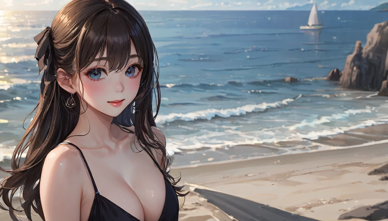 (RAW Photos:1.2), (Realistic:1.4),(masterpiece:1.3),(highest quality:1.4),超High resolution,High resolution,8k, (Highly detailed illustration), 1 girl, Beautiful face in every detail, Young girl, Long Curly Hair,smile,alone, View the viewer,Clear Background, At the Beach, Depth of written boundary, Natural light,(See-through silhouette),Ulzzang-6500-v1.1:0.7