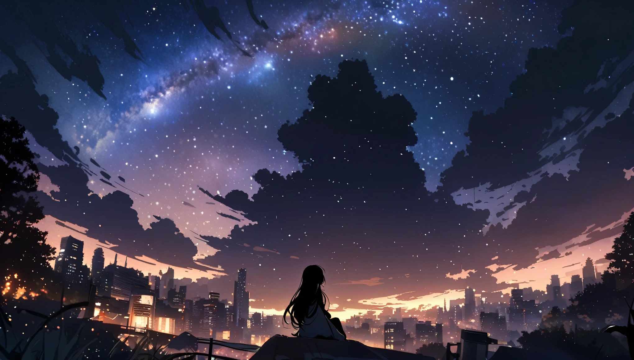 octans, sky, star (sky), scenery, starry sky, night, 1girl, night sky, solo, outdoors, building, cloud, milky way, sitting, tree, long hair, city, silhouette, cityscape