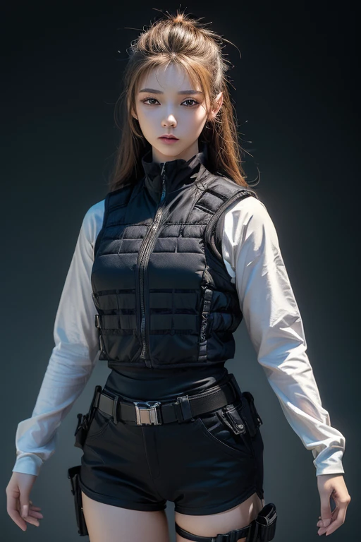 (masterpiece, high quality, lifelike, Ultra realistic, Remarkably high quality, photorealistic:1.5), Anime Woman Wearing a combat Body Armor Bulletproof vest minimalist logo design bright colors, high quality, extreme quality, super detailed 