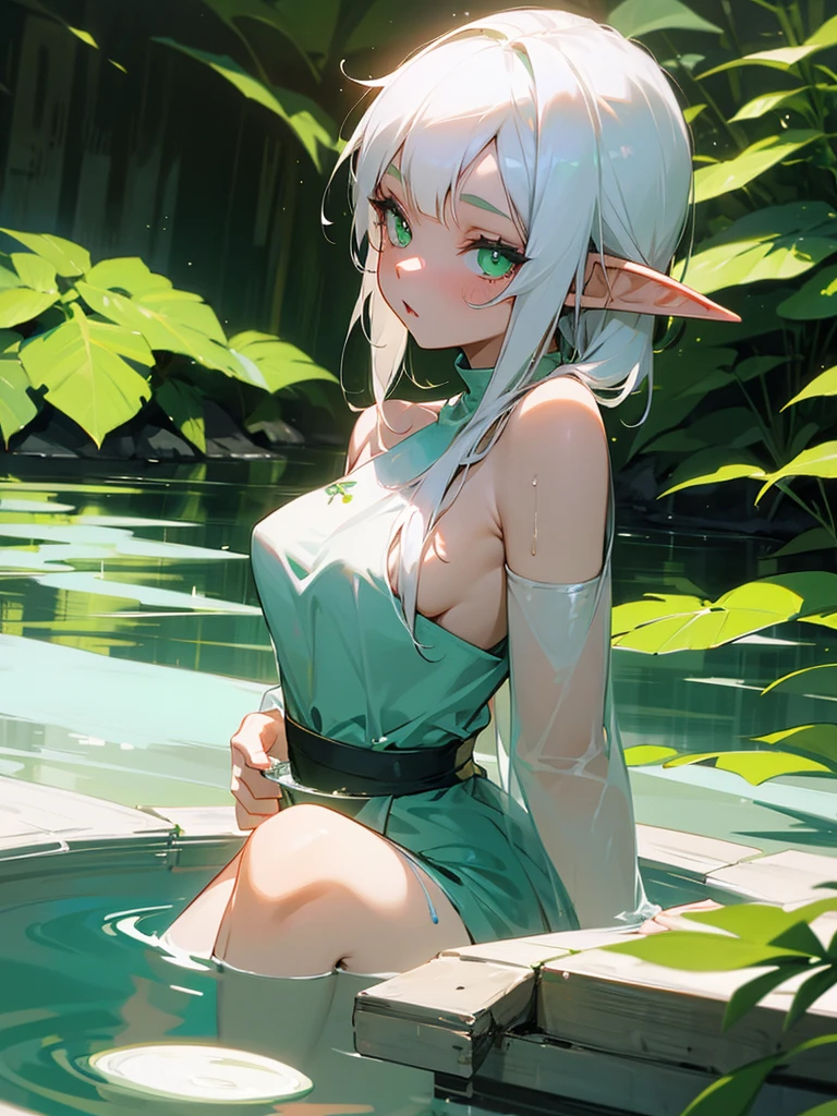 Hot girl elf, white hair, green eyes, bathing