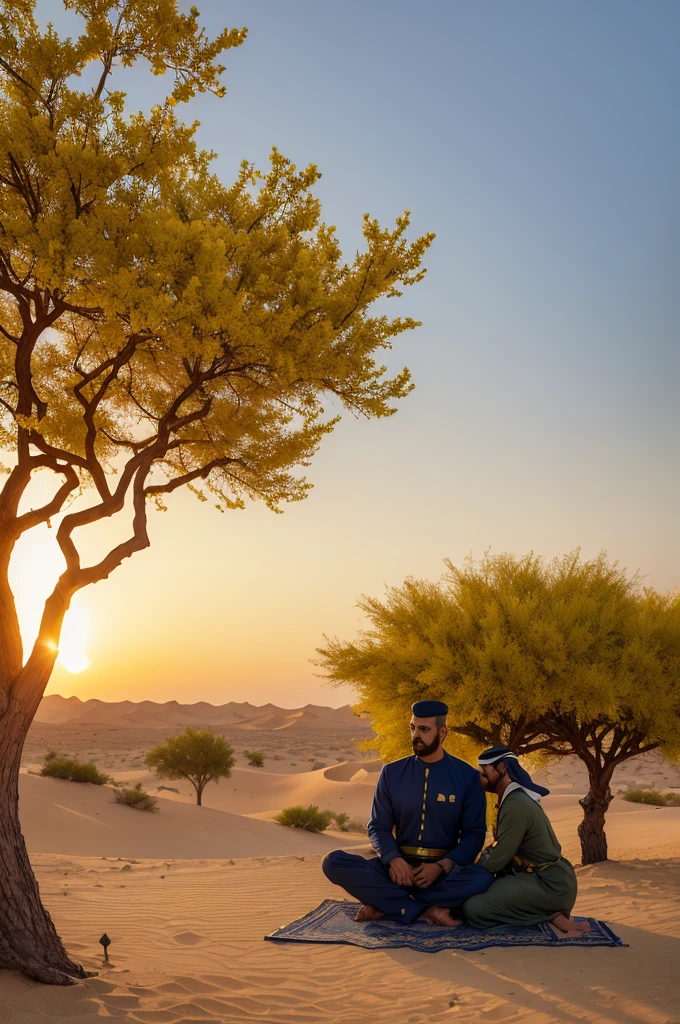 Arabian desert with just a very large tree with yellow flowers and an Arab man in a navy blue tunic sitting at its feet looking at the sunset