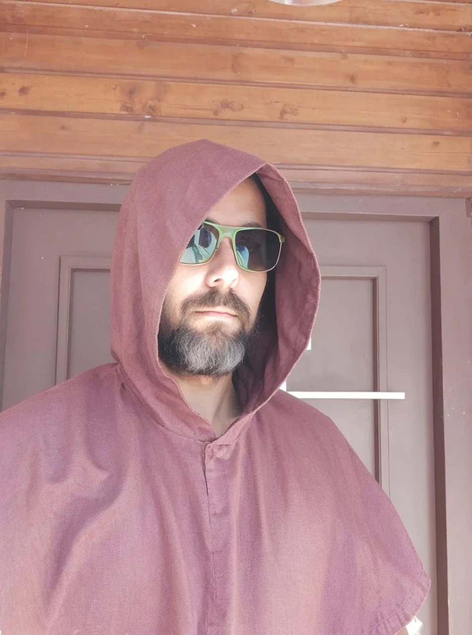 Turn this picture into a classic oil painting from 15th century with a cathedral and large colorful glass windows in the background, keep the person