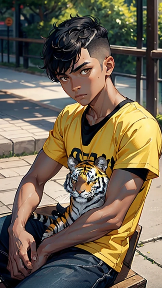 man1,(black skin),round face,brown eyes,black hair,high skin fade haircut for short hair,yellow t-shirt,(a tiger as a pet,crow sits on her shoulder),Sitting on the park,retina,masterpiece,ccurate,anatomical correct, textured skin,super detail,high quality,high details,best quality,highres,UHD,1080P