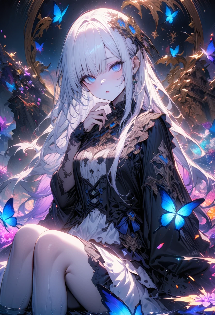 (masterpiece), (best quality), illustration, Super detailed, High Dynamic Range, Depth of Field, (rich and colorful), ,,This is a masterpiece that exudes exceptional quality. The illustration is ultra-detailed, Using HDR technology to create a sense of depth. The theme is original, fine, 和fine的艺术品, Vibrant colors,Full of fantasy elements. Girl sitting by the sea, surrounded by running water, World tree with dark blue background, Located in the cemetery. 宁静梦幻的氛围赋予整个场Depth of Field情迷人的气质. Her pale complexion, sparkling blue eyes, Silver hair decorated with flowers,Create a captivating portrait. She is wearing Lolita style clothing, poker face,shut your mouth. Background ranges from white, transparent, Cycle Options, There are also translucent blue butterflies flying around,Add vitality.