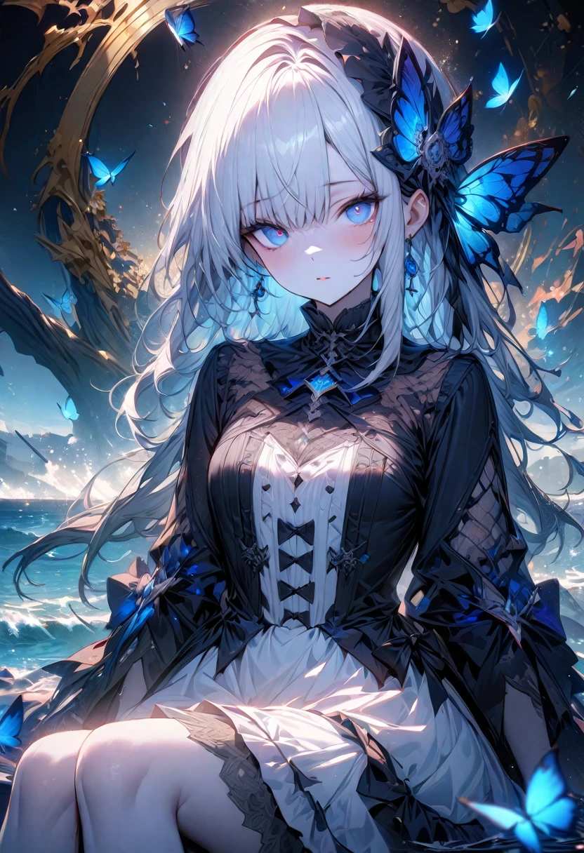 (masterpiece), (best quality), illustration, Super detailed, High Dynamic Range, Depth of Field, (rich and colorful), ,,This is a masterpiece that exudes exceptional quality. The illustration is ultra-detailed, Using HDR technology to create a sense of depth. The theme is original, fine, 和fine的艺术品, Vibrant colors，Full of fantasy elements. Girl sitting by the sea, surrounded by running water, World tree with dark blue background, Located in the cemetery. 宁静梦幻的氛围赋予整个场Depth of Field情迷人的气质. Her pale complexion, sparkling blue eyes, Silver hair decorated with flowers，Create a captivating portrait. She is wearing Lolita style clothing, poker face，shut your mouth. Background ranges from white, transparent, Cycle Options, There are also translucent blue butterflies flying around，Add vitality.