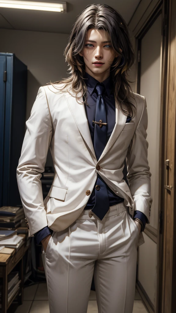 (masterpiece, best quality, detailed), 1boy androgynous and effeminate , solo, looking at viewer, candace, (pale skin, white-skinned boy androgynous 1.3), short hair with long locks, sidelocks, long hair, ((heterochromia)),
pant suit, suit, formal, white suit, white pants, necktie, white shirt, basement, (dark:1.5), dimly lit, ojou-sama pose, laughing, hand on hip, naughty face, smug