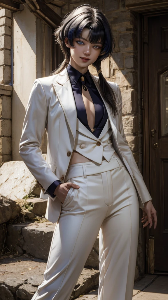 (masterpiece, best quality, detailed), 1boy androgynous and effeminate , solo, looking at viewer, candace, (pale skin, white-skinned boy androgynous 1.3), short hair with long locks, sidelocks, long hair, ((heterochromia)),
pant suit, suit, formal, white suit, white pants, necktie, white shirt, basement, (dark:1.5), dimly lit, ojou-sama pose, laughing, hand on hip, naughty face, smug