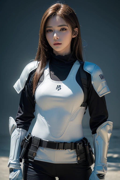(masterpiece, high quality, lifelike, Ultra realistic, Remarkably high quality, photorealistic:1.5), Anime Woman Wearing a combat Body Armor Bulletproof vest minimalist logo design bright colors, high quality, extreme quality, super detailed