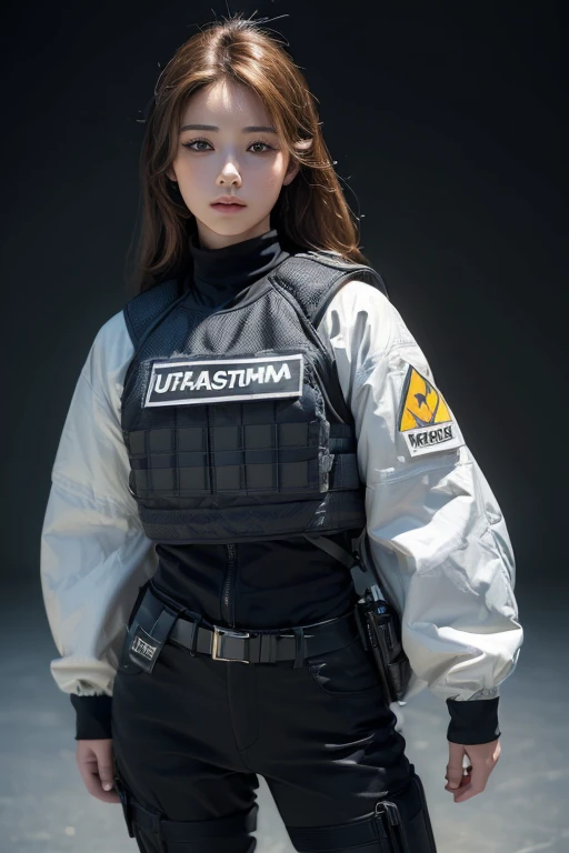 (masterpiece, high quality, lifelike, Ultra realistic, Remarkably high quality, photorealistic:1.5), Anime Woman Wearing a combat Body Armor Bulletproof vest minimalist logo design bright colors, high quality, extreme quality, super detailed