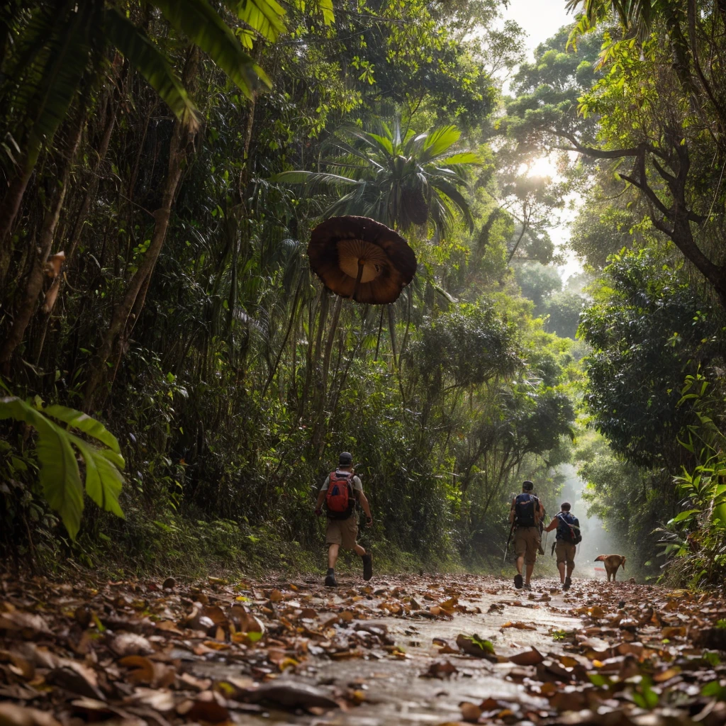 Cena de apocalipse zumbi, Camera looking up from the bottom, um homem adulto com mochila nas costas, sobrevivencialista, accompanied by a small dog walk towards a tropical forest, final de tarde. There are strange mushrooms on the floor