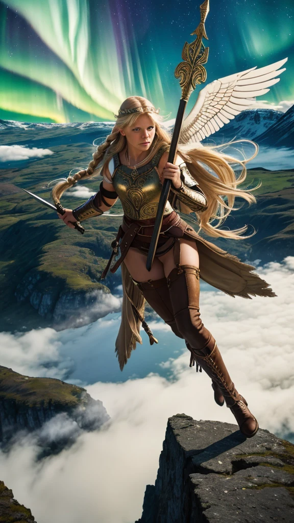Pegasus mounted VIKING,
FLYING HIGH IN the SKY portrait of a fit teenaged model as Valkyrie, winged/horse Pegasus, flying above over ruins of a smoldering Viking battlefield, blond braids fling wildly, carrying a long pointed oak spear, looking down from above she swoops in from out of clouds,
wearing shining ornate Viking runes shield and armor, up above a majestic northern lights shimmering, Scandinavian woodland backdrop, detailed, candid moment, vintage Polaroid camera, photorealistic