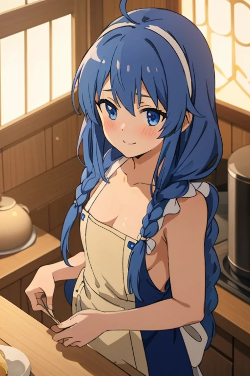 (masterpiece, best quality), music, 1 girl, solitary, Smile, blush, Double braid, long hair, Blue Hair, garlic,  blue eyes, ((apron)), ((nude)), 裸apron，Small Breasts, Upper Body, Everlasting,  looking at the audience,indoors, Sexy pose，