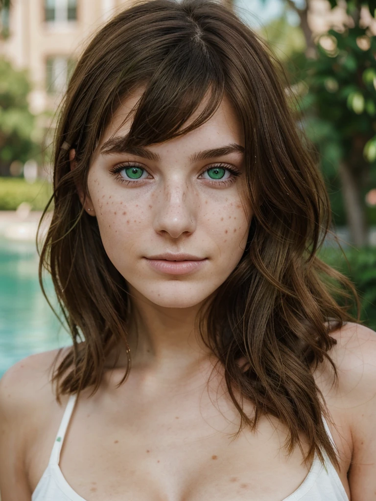 Realistic portrait photo of a beautiful 20-year-old woman with brown hair, influencer, clear and intense green eyes, instagram, slim body, playful, flawed skin, north american, american, brunette, flirty, busty, buxom, realistic skin, realistic facial skin, realistic face