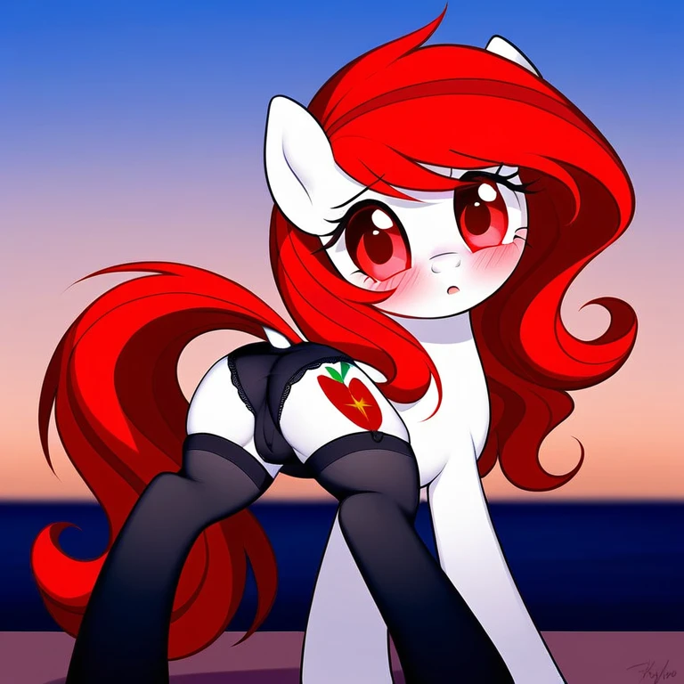 red hair, white body, red eyes, long hair, sky face, stockings, shy pose, panties, cameltoe, behind view, my little pony