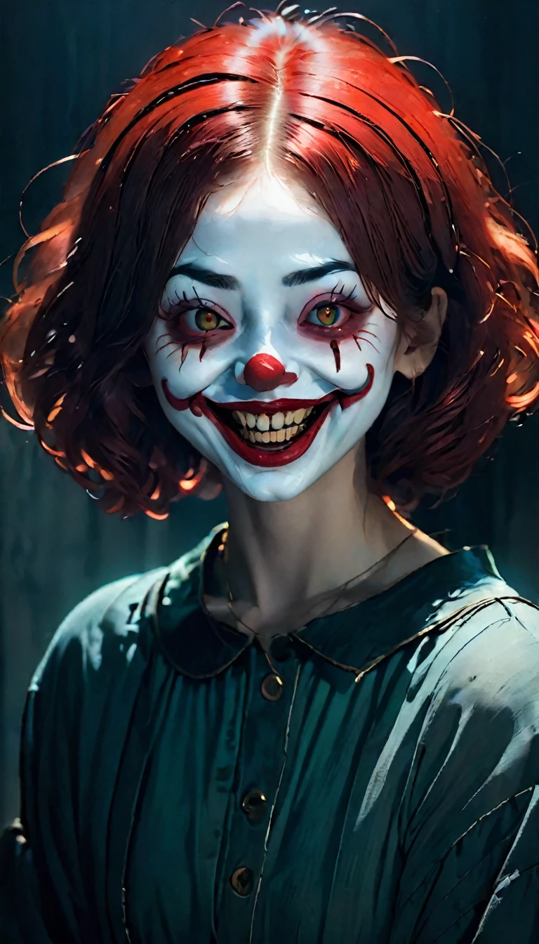 top quality,horror,creepy笑顔,red nose,detailed face,Scary atmosphere,dark background,dramatic lighting,sharp focus,evilвещий,evil夢,Scary clown,scary expressions,emotion,Exposing teeth,big smile,Red lips,evil,ghostly,evil夢のような,alarming,Night Landscape,creepy笑い,strong look,Frightening personality,Distorted face,threatening,Gothic,Sharp eye,evil夢のような scenery,creepy,alarming,horror movie aesthetic,evil夢 fuel,ghostlyly beautiful,Terrifying Presence,evil夢-inducing,shadow,creepy雰囲気       девушка стоит и держит шар 