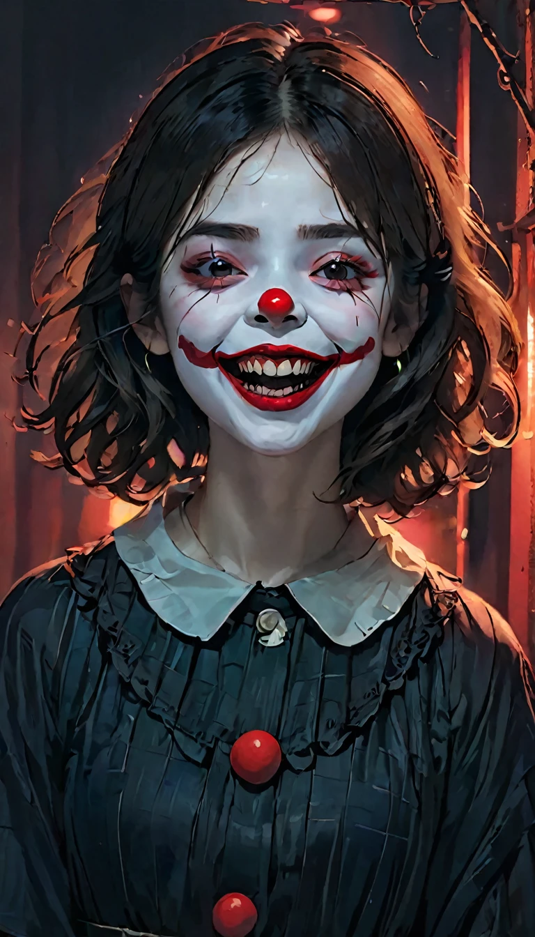 top quality,horror,creepy笑顔,red nose,detailed face,Scary atmosphere,dark background,dramatic lighting,sharp focus,evilвещий,evil夢,Scary clown,scary expressions,emotion,Exposing teeth,big smile,Red lips,evil,ghostly,evil夢のような,alarming,Night Landscape,creepy笑い,strong look,Frightening personality,Distorted face,threatening,Gothic,Sharp eye,evil夢のような scenery,creepy,alarming,horror movie aesthetic,evil夢 fuel,ghostlyly beautiful,Terrifying Presence,evil夢-inducing,shadow,creepy雰囲気       девушка стоит и держит шар 