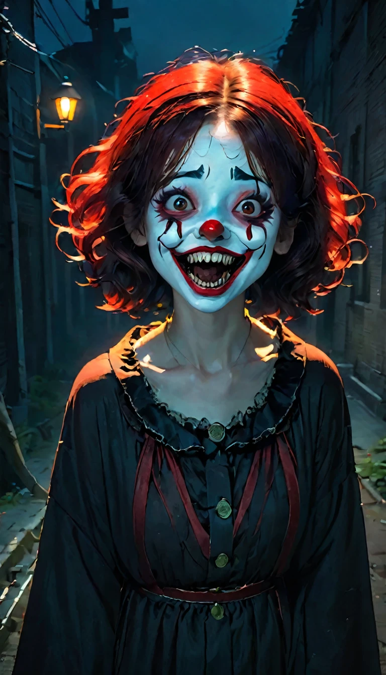 top quality,horror,creepy笑顔,red nose,detailed face,Scary atmosphere,dark background,dramatic lighting,sharp focus,evilвещий,evil夢,Scary clown,scary expressions,emotion,Exposing teeth,big smile,Red lips,evil,ghostly,evil夢のような,alarming,Night Landscape,creepy笑い,strong look,Frightening personality,Distorted face,threatening,Gothic,Sharp eye,evil夢のような scenery,creepy,alarming,horror movie aesthetic,evil夢 fuel,ghostlyly beautiful,Terrifying Presence,evil夢-inducing,shadow,creepy雰囲気       девушка стоит и держит шар 