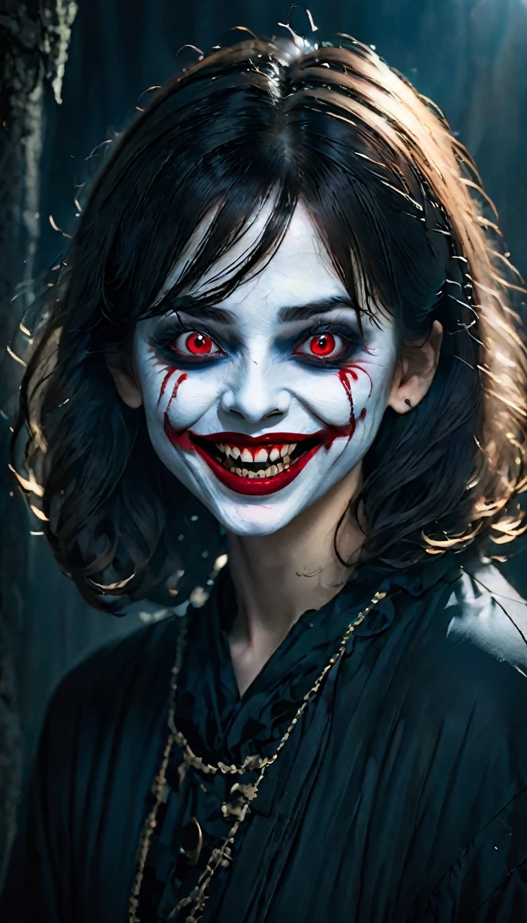 top quality,horror,creepy笑顔,red nose,detailed face,Scary atmosphere,dark background,dramatic lighting,sharp focus,evilвещий,evil夢,Scary clown,scary expressions,emotion,Exposing teeth,big smile,Red lips,evil,ghostly,evil夢のような,alarming,Night Landscape,creepy笑い,strong look,Frightening personality,Distorted face,threatening,Gothic,Sharp eye,evil夢のような scenery,creepy,alarming,horror movie aesthetic,evil夢 fuel,ghostlyly beautiful,Terrifying Presence,evil夢-inducing,shadow,creepy雰囲気       девушка стоит и держит шар 