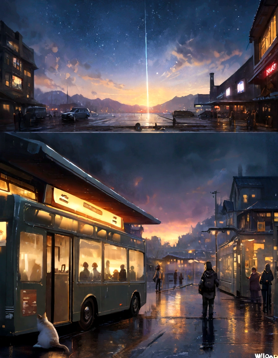 masterpiece, concept art, bus station in the rain at night, a detailed matte painting, by Makoto Shinkai, featured on pixiv, photorealism, night starry sky full of cats, watching the sun set. anime, wlop hdr, from arknights, wide-screen, white snow, ( ( thomas kinkade ) ), artstatiom, 'the end, very long