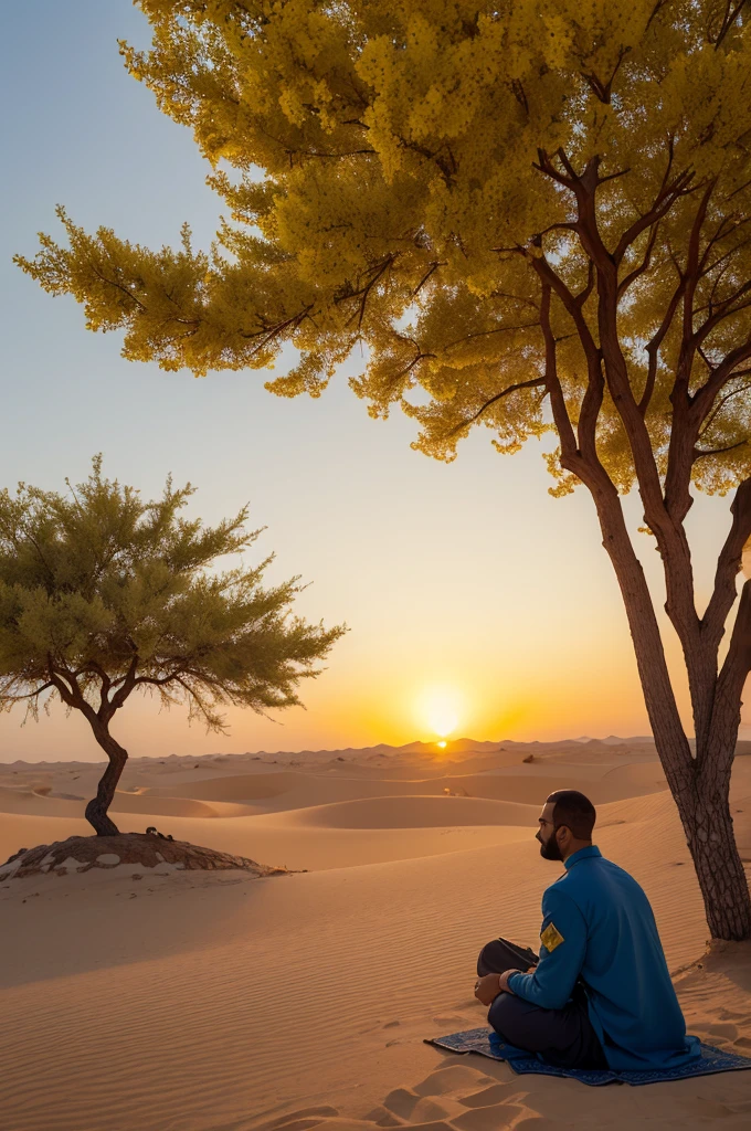  Arabian desert with just a very large tree with yellow flowers and an Arab man in a navy blue tunic sitting at its feet looking at the sunset
