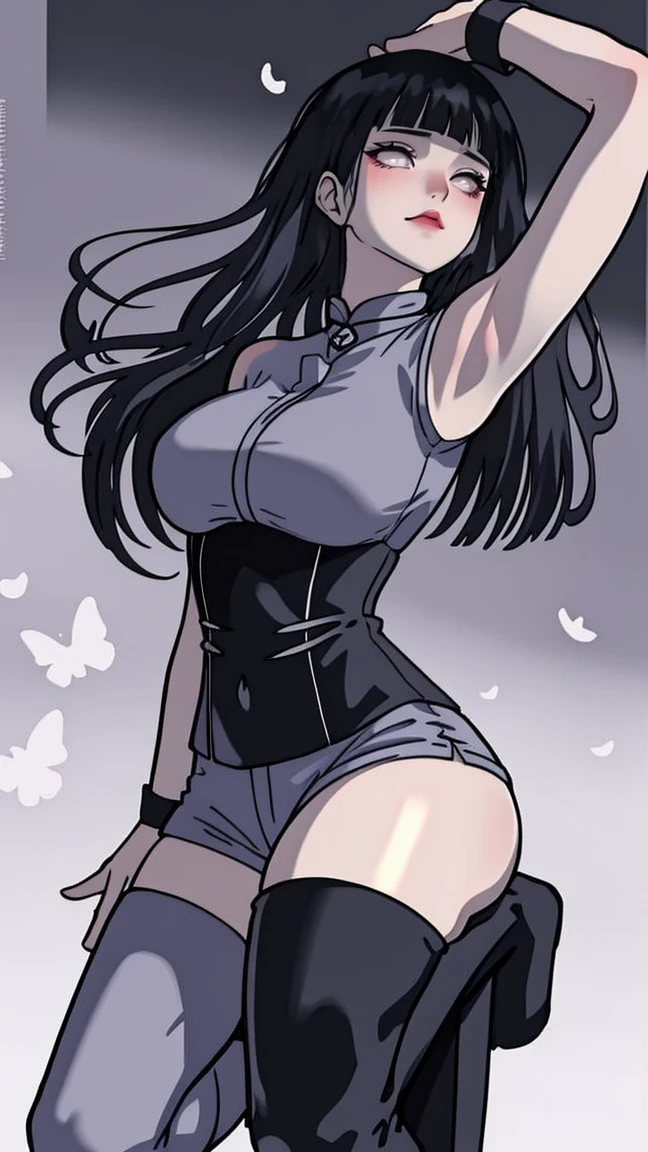 1 girl, Hinata Hyuga, the last, shy girl, long black hair, blunt bangs, dark hair, Voluminous hair, Light gray eyes, no pupils, Lavender Sleeveless Kimono Blouse, long black boots, navy blue shorts, Black translucent stockings, holster, bandage on thigh, open sandals, big breasts, wide hips, shapely legs, slim waist, looking at viewer, masterpiece, best quality, Professional, realistic
