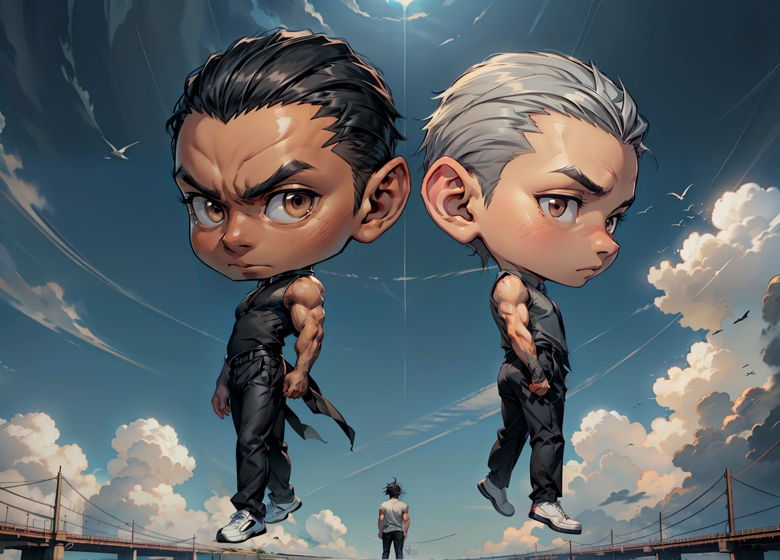 1boy, two boys, Calm face, brown eyes, high-cut hair, black hair, gray hair, muscular, bulky, black shirt, sleeveless, ((black slacks)), black brogue shoes, blue sky, cloud