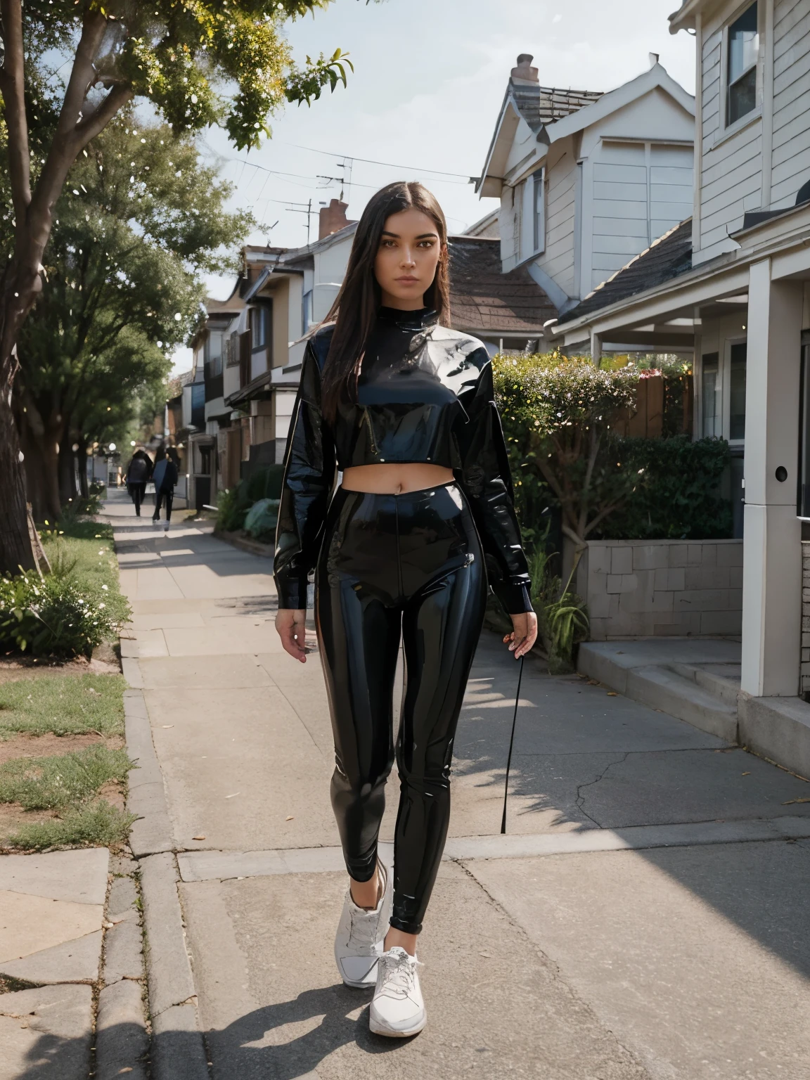 Realistic, ultra-detailed photo of a girl in Sydney wearing a stylish blend of latex and casual clothing: she's confidently strolling through a charming suburban street in Sydney. She's wearing sleek black latex leggings paired with a casual white crop top, and white sneakers to complete the look. The background features quaint houses with well-kept gardens and tree-lined streets, capturing the essence of a peaceful suburban neighborhood. The combination of edgy latex leggings and a casual crop top creates a chic yet relaxed vibe. The serene atmosphere of the suburb, with a few people walking their dogs and children playing, adds to the welcoming and friendly setting.