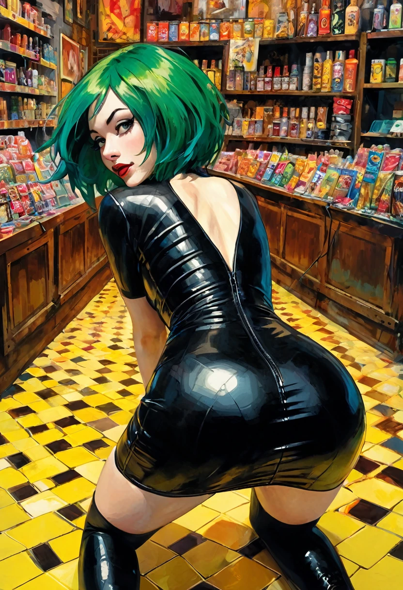 {{all fours}}, {{{from above}}}, oil, looking up, ass, back, thighs,tight leather dress, 1girl, solo focus, hetero, [face only], {irrumatio}, {deepthroat},, half-closed eyes, troubled eyebrows, {{sweat}}, {{a girl with green hair in the middle of a small candy store, sexy and naughty smile, punk look, tight leather dress, pronounced nipples, sex sex sex, doogystile(inspirational art by Dave McKean and Bill Sienkiewicz, oil painting, brushstroke details that enhance depth)(best quality,4k,8k,highres,masterpiece:1.2)(best quality,4k,8k,highres,masterpiece:1.2),ultra-detailed,(realistic,photorealistic,photo-realistic:1.37),intricate details,vivid colors,sharp focus,professional,Dave McKean artwork,
