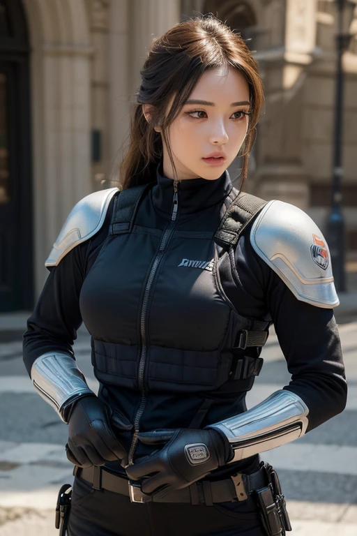 (masterpiece, high quality, lifelike, Ultra realistic, Remarkably high quality, photorealistic:1.5), Anime Woman Wearing a combat Body Armor Bulletproof vest minimalist logo design bright colors, high quality, extreme quality, super detailed