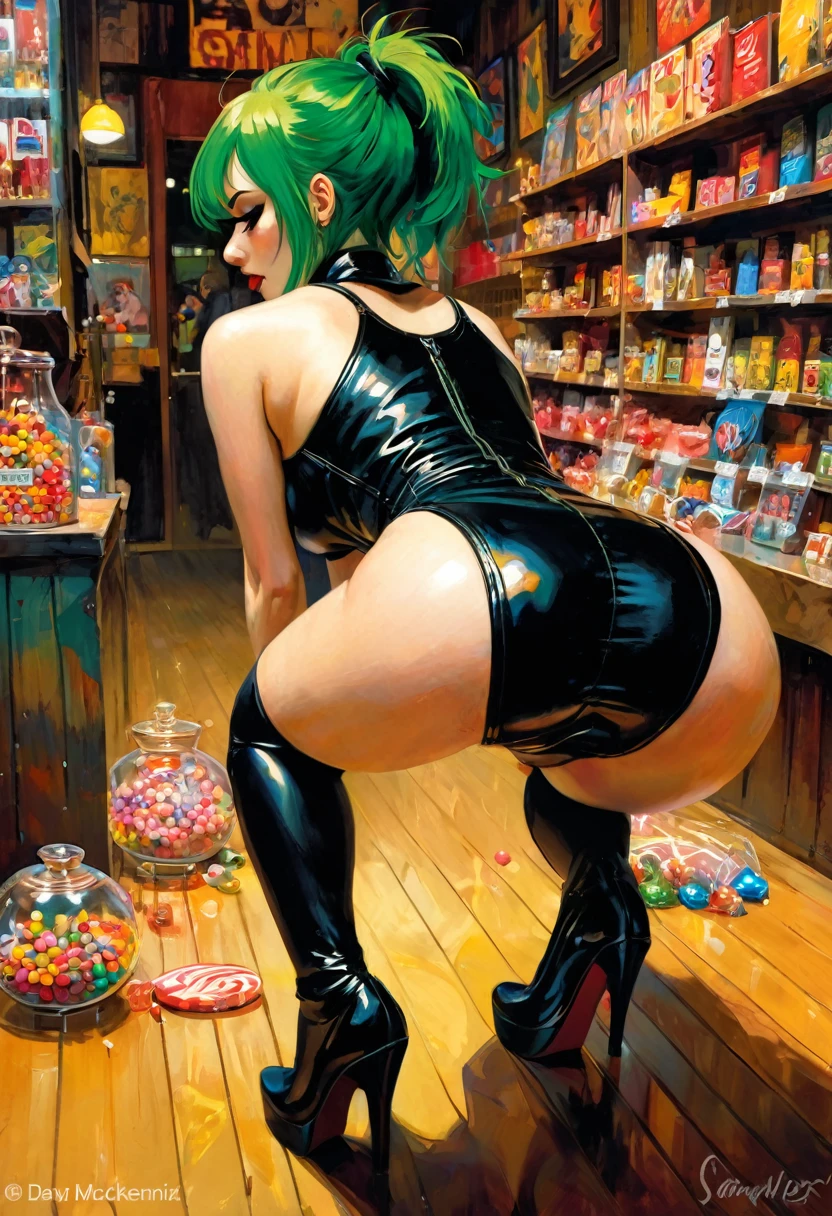 {{all fours}}, {{{from above}}}, oil, looking up, ass, back, thighs,tight leather dress, 1girl, solo focus, hetero, [face only], {irrumatio}, {deepthroat},, half-closed eyes, troubled eyebrows, {{sweat}}, {{a girl with green hair in the middle of a small candy store, sexy and naughty smile, punk look, tight leather dress, pronounced nipples, sex sex sex, doogystile(inspirational art by Dave McKean and Bill Sienkiewicz, oil painting, brushstroke details that enhance depth)(best quality,4k,8k,highres,masterpiece:1.2)