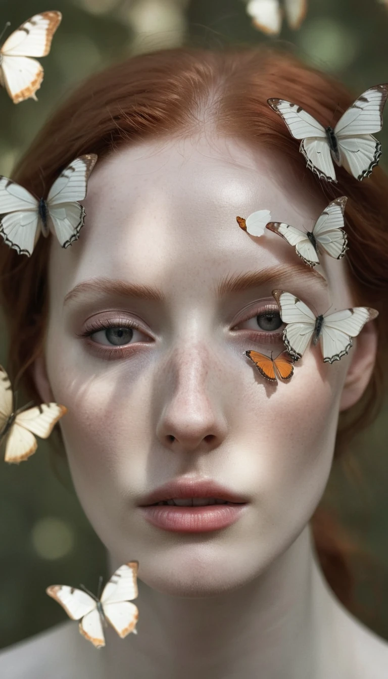 Portrait of a young woman with pale skin, red hair and delicate facial features.
On the face and around it there are large light butterflies, which partially cover her eyes and other parts of her face.
The facial expression is neutral, with slightly open lips, which adds a dreamy and mysterious look to the image.
The image is made in soft, in muted tones with an emphasis on the details of the butterflies and the face.
The background is dark, which emphasizes the contrast between him and the light butterflies and face.
The overall style of photography is surreal, with a focus on the combination of nature and human traits, creating an atmosphere of mystery and dreaminess.
