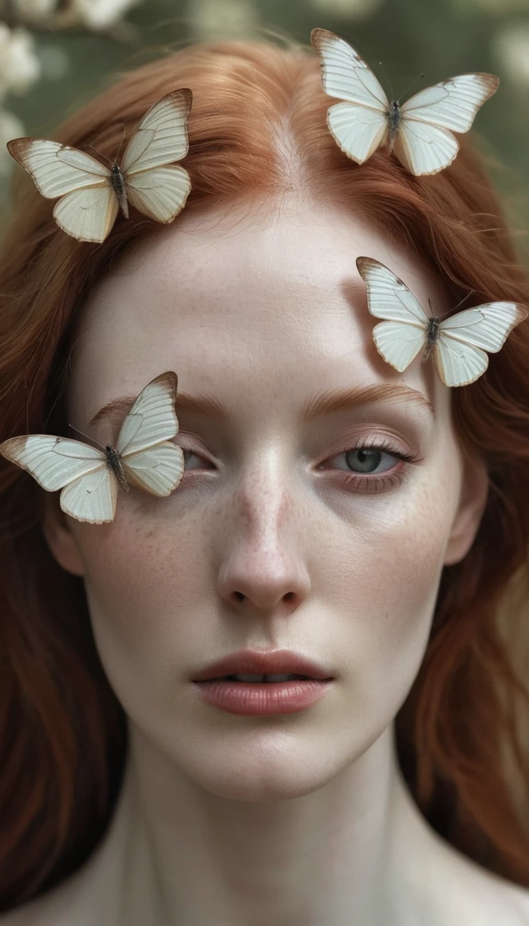 Portrait of a young woman with pale skin, red hair and delicate facial features.
On the face and around it there are large light butterflies, which partially cover her eyes and other parts of her face.
The facial expression is neutral, with slightly open lips, which adds a dreamy and mysterious look to the image.
The image is made in soft, in muted tones with an emphasis on the details of the butterflies and the face.
The background is dark, which emphasizes the contrast between him and the light butterflies and face.
The overall style of photography is surreal, with a focus on the combination of nature and human traits, creating an atmosphere of mystery and dreaminess.