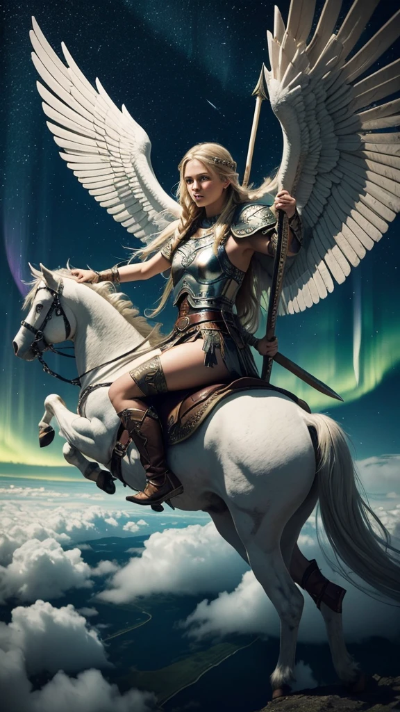 Pegasus mounted VIKING,
 FLYING HIGH IN the SKY portrait of a fit teenaged model as Valkyrie, winged/horse Pegasus, flying above over ruins of a smoldering Viking battlefield, blond braids fling wildly, carrying a long pointed oak spear, looking down from above she swoops in from out of clouds, 
 wearing shining ornate Viking runes shield and armor, up above a majestic northern lights shimmering, Scandinavian woodland backdrop, detailed, candid moment, vintage Polaroid camera, photorealistic