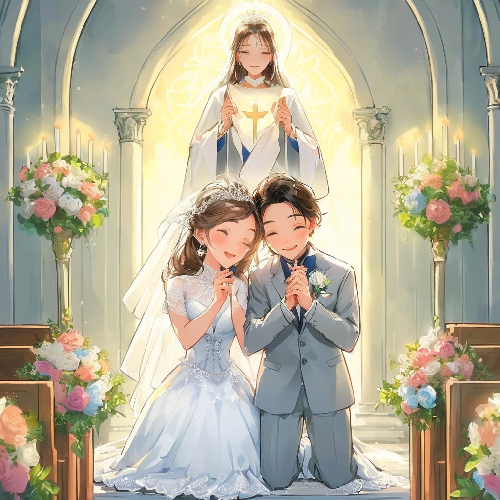 ein Cartoon-Bild eines Paares, das vor einer Kirche kniet, auf dem Altar, offizielles Fanart, Bride and groom, heilige Zeremonie, Hochzeit, beautiful illustration, Offizielle Kunst, Beautifully illustrated, published art, Liebe ist der Anfang von allem, Bibel-Illustration, vor dem Altar stehen, detailliertes Fanart, Hochzeit, heilig, Hochzeit photo, Additional Details