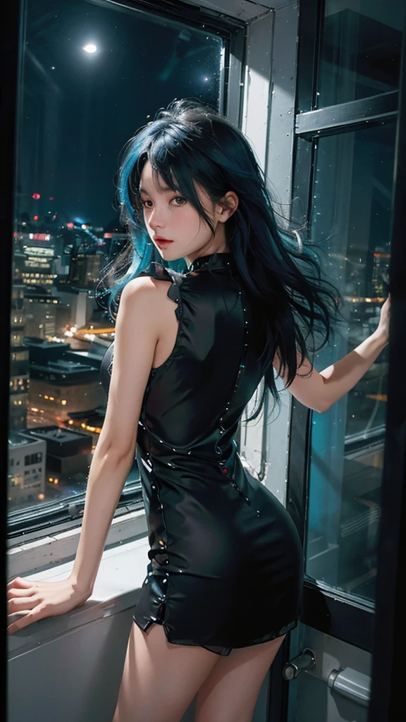 ((High quality, 8k, perfect quality, realistic)), beautiful, perfect face, looking out the window, night, ((dark room)), Before bed, restless, Short dress, looking at the window, city night view, color black and cyan hair, night city, ((lights off)), facing the audience
