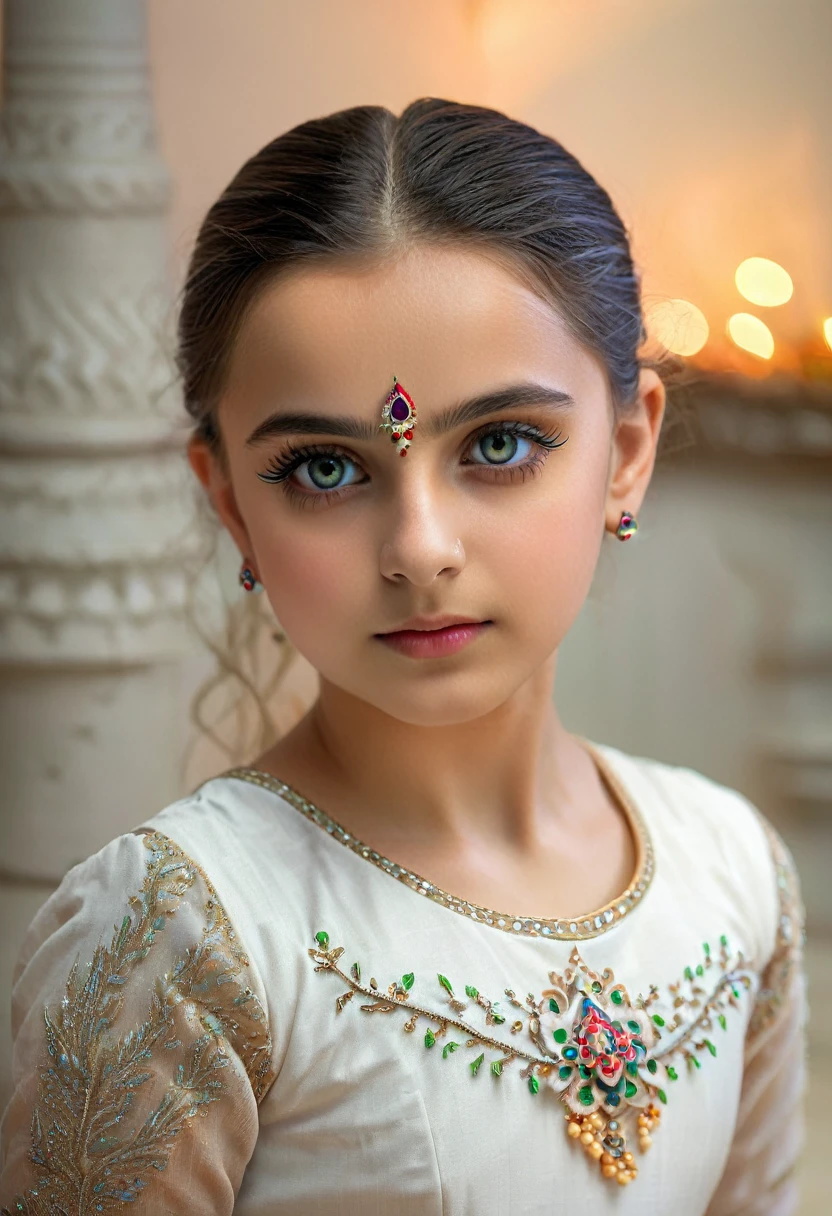 1girl, detailed face and ,  beautiful detailed nose, longeyelashes, white skin, indian ethnicity, 13 years old, white dress, sittingpose, looking at camera, (best quality,4k,8k,highres,masterpiece:1.2),ultra-detailed,(realisic, photo-realistic:1.37),HDR,studio lighting,vivid colors,cinematic lighting,cool color tones