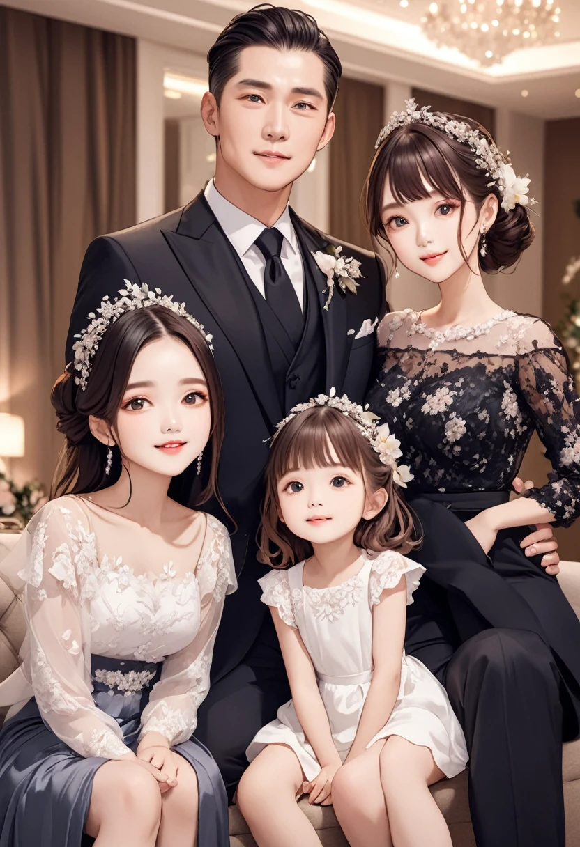 A family of 4 people ,including parents and 2 young daughters, they are luxurious