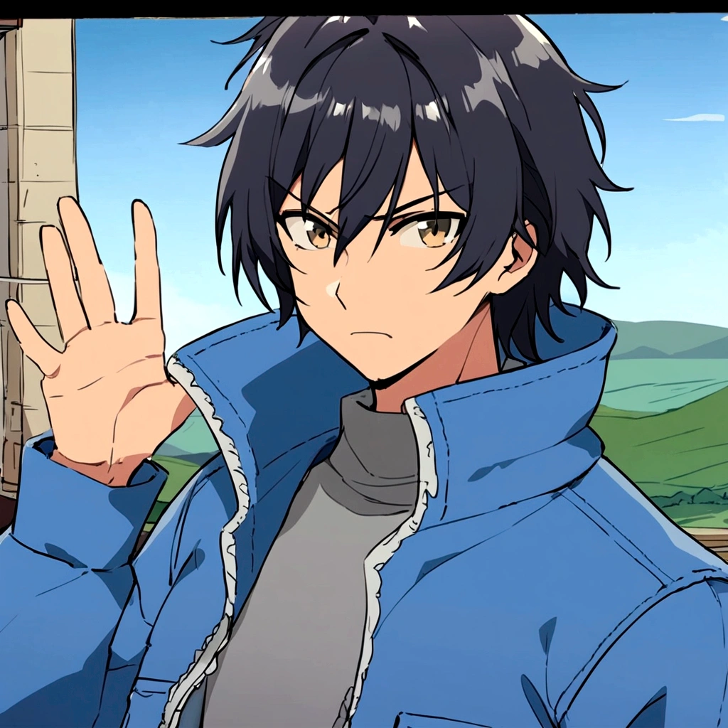 young man, black hair, blue bandana waving in the wind, furious, dark blue jacket, green mountains background, day