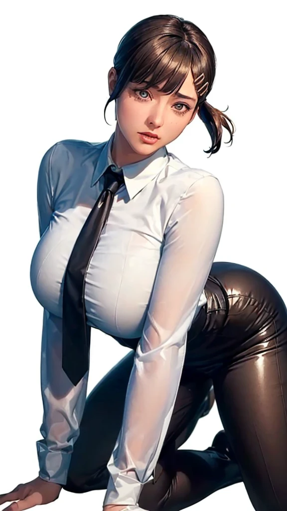 (((Perfect body,White and tender skin,(((black necktie, black pants, business suit, formal, long sleeves, necktie, pants, suit,,))),(((kobeni higashiyama, black hair, hair ornament, hairclip, ponytail, short hair, (brown eyes:1.5),))),((masterpiece)),highres,((Best quality at best)),masterpiece,quality,Best quality,((( Exquisite facial features,Looking at the audience,There is light in the eyes,(((pain,endure))),full body,{|from side and behind},photo of a woman,nude,(bald:1.2),all fours,looking at viewer,blue eyes,happy,white background,simple background))),(((Light and shadow,Huge breasts,))),(((Looking at the camera,White background))))